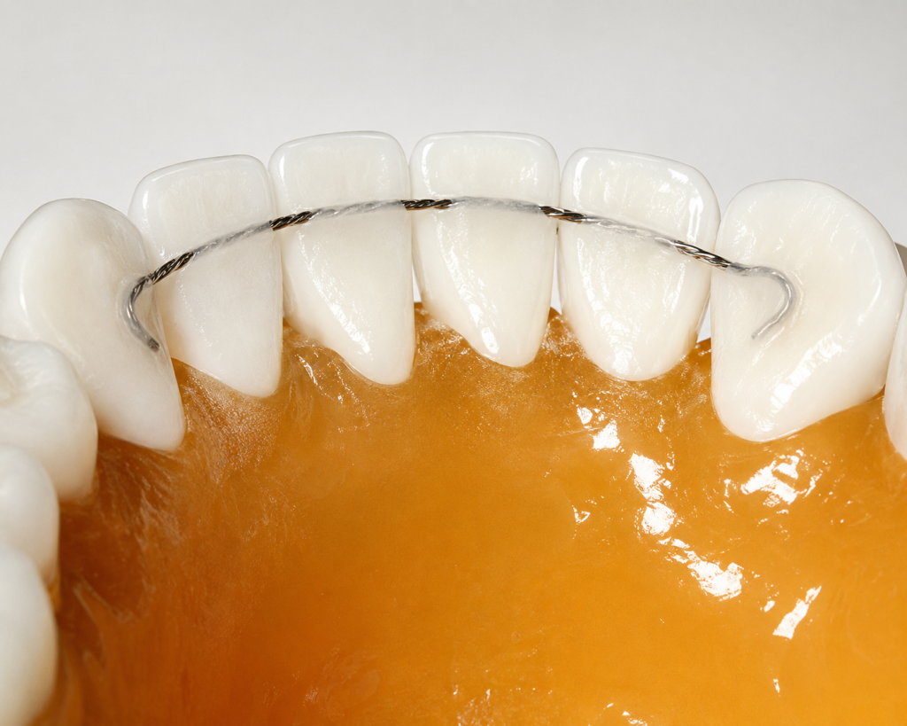 Fixed orthodontic retainer behind the teeth
